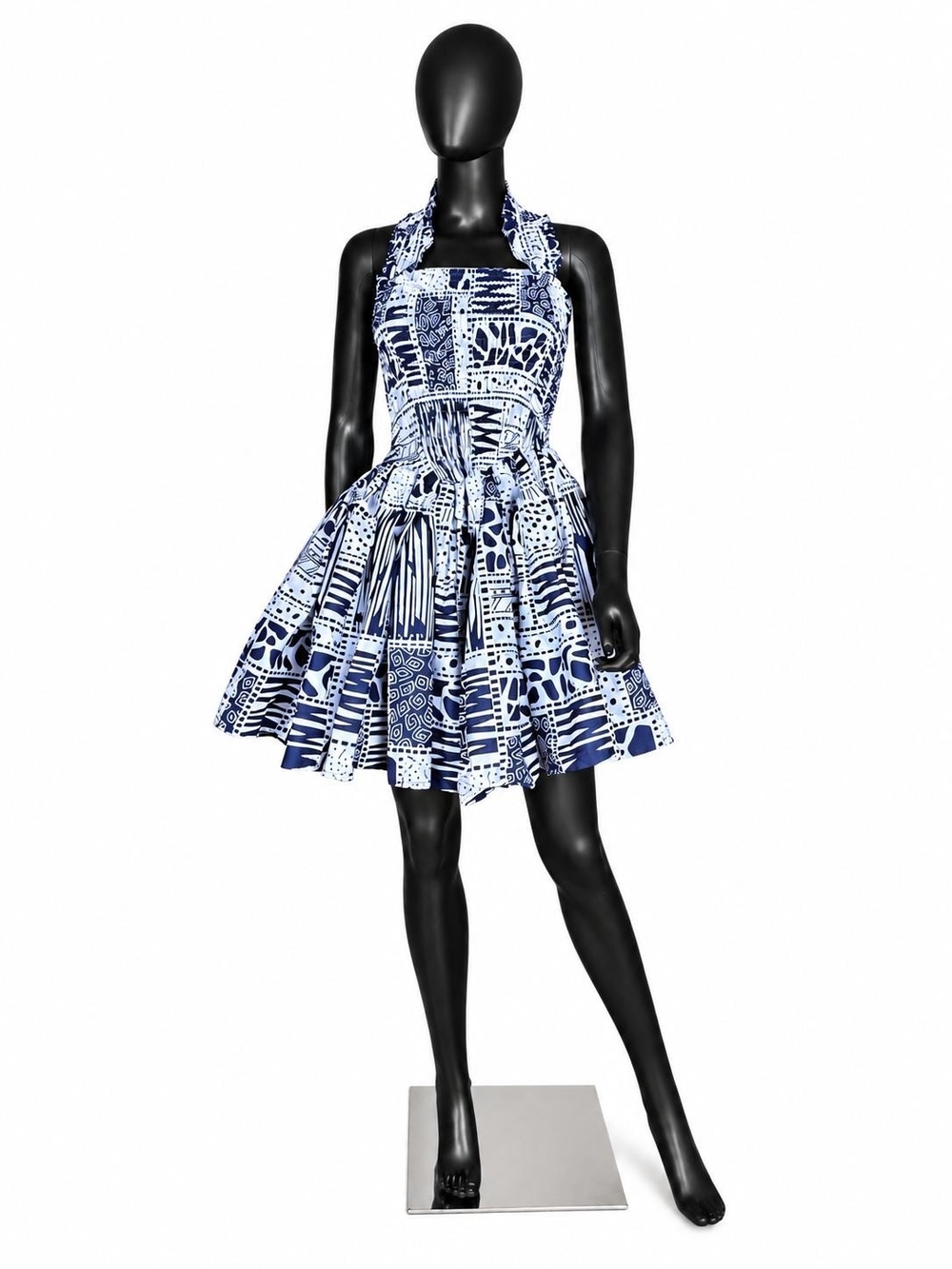 Ankara Kaftan Blue and White Print Halter Sundress